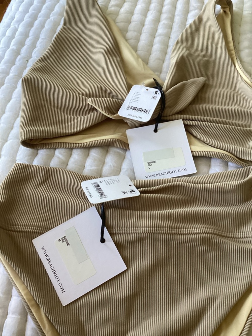 Free People Ribbed Bandeau Bikini Set in Tan
